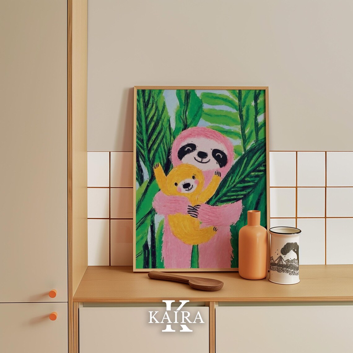 Pink Sloth Hugging Its Baby Among Lush Green Jungle Leaves Poster - Image 4