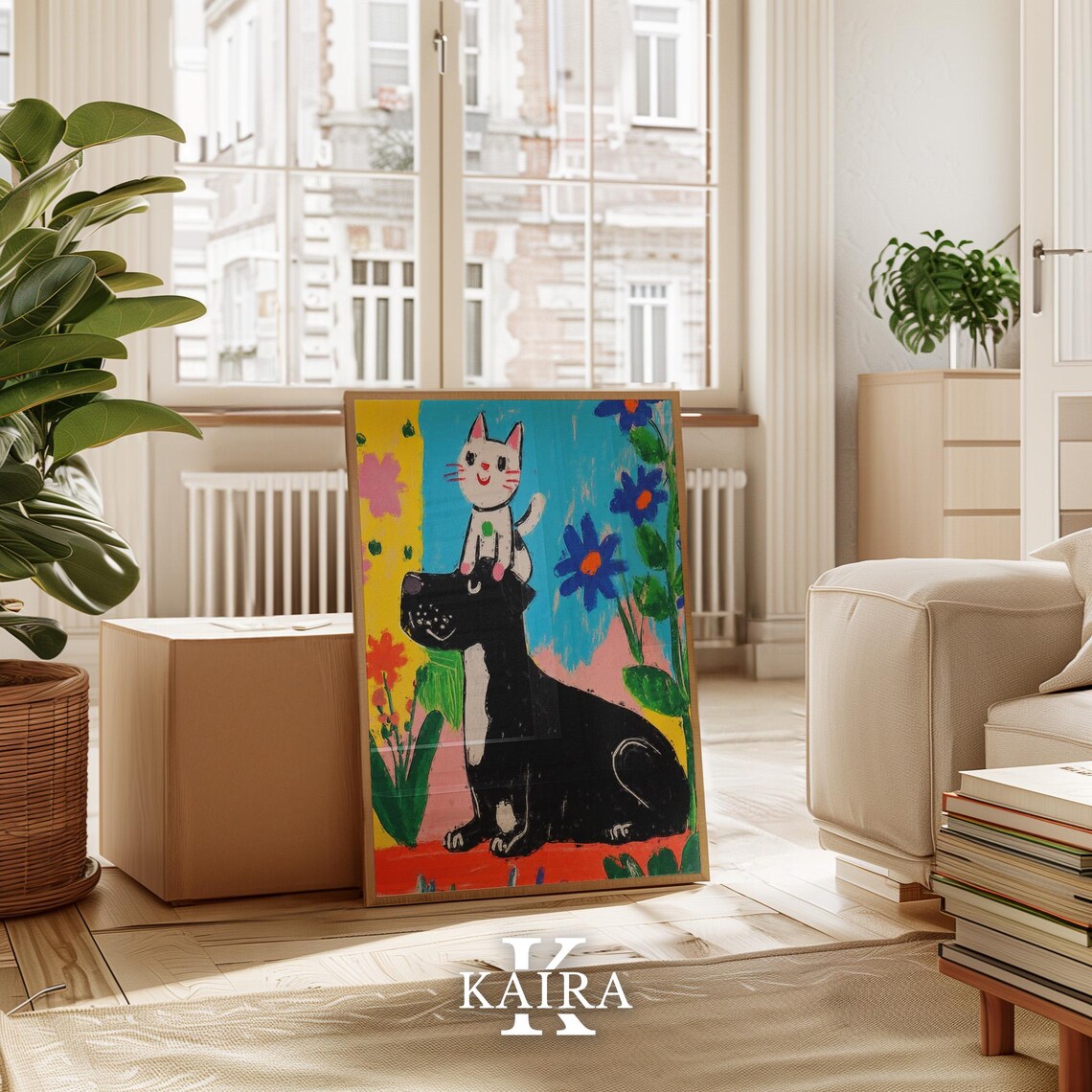Happy White Cat Riding on a Big Black Dog Among Flowers Poster - Image 3