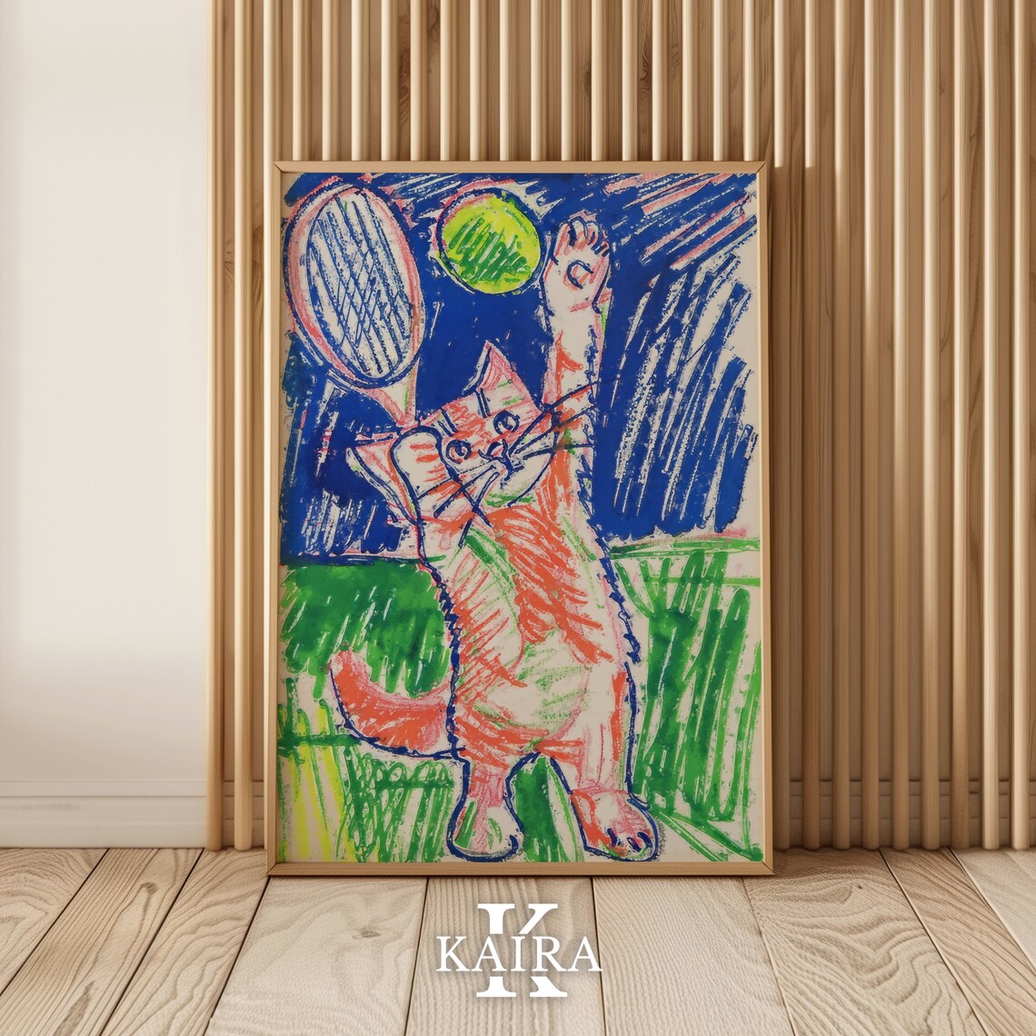 Kitten Playing Tennis With Racket Colorful Cartoon Cat Poster - Image 2