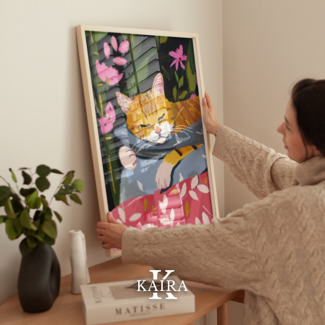 Ginger Cat Napping On Blue Cushion Among Pink Flowers Art Poster - Image 5