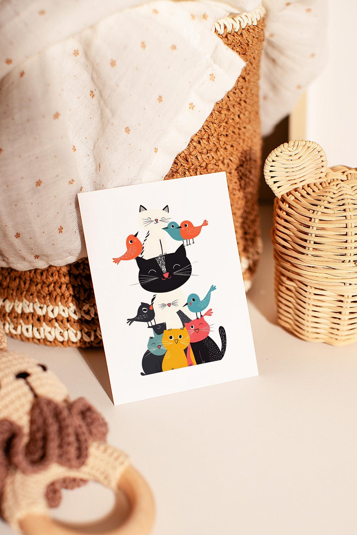 Colorful Cats And Birds Stack Cute Cartoon Animal Nursery Art Poster - Image 5