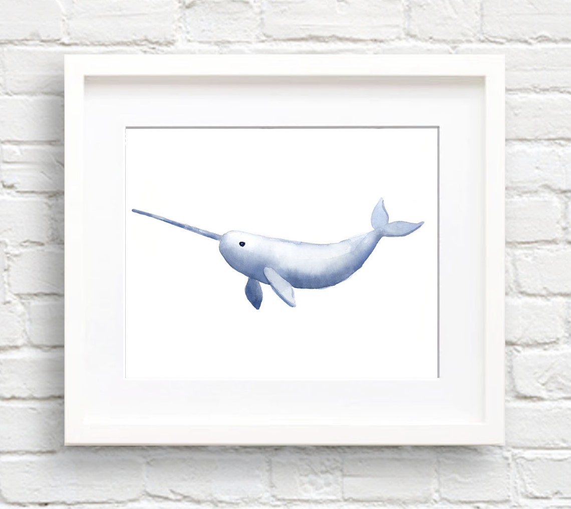 Swimming Blue Narwhal Watercolor Arctic Sea Life Decor Poster