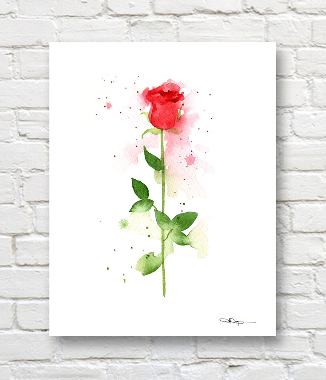 Single Red Rose Watercolor Art Print, Floral Decor