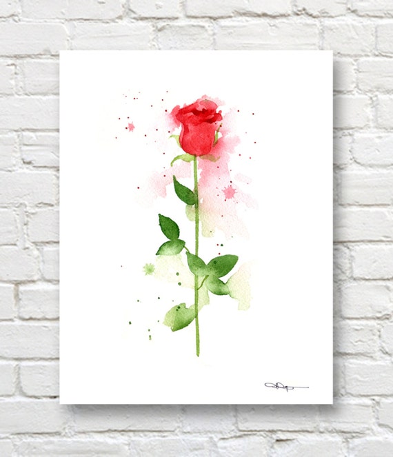 Single Red Rose Watercolor Art Print, Floral Decor