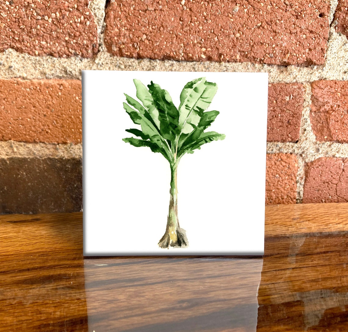 Green Banana Tree Watercolor Tropical Palm Ceramic Tile Poster