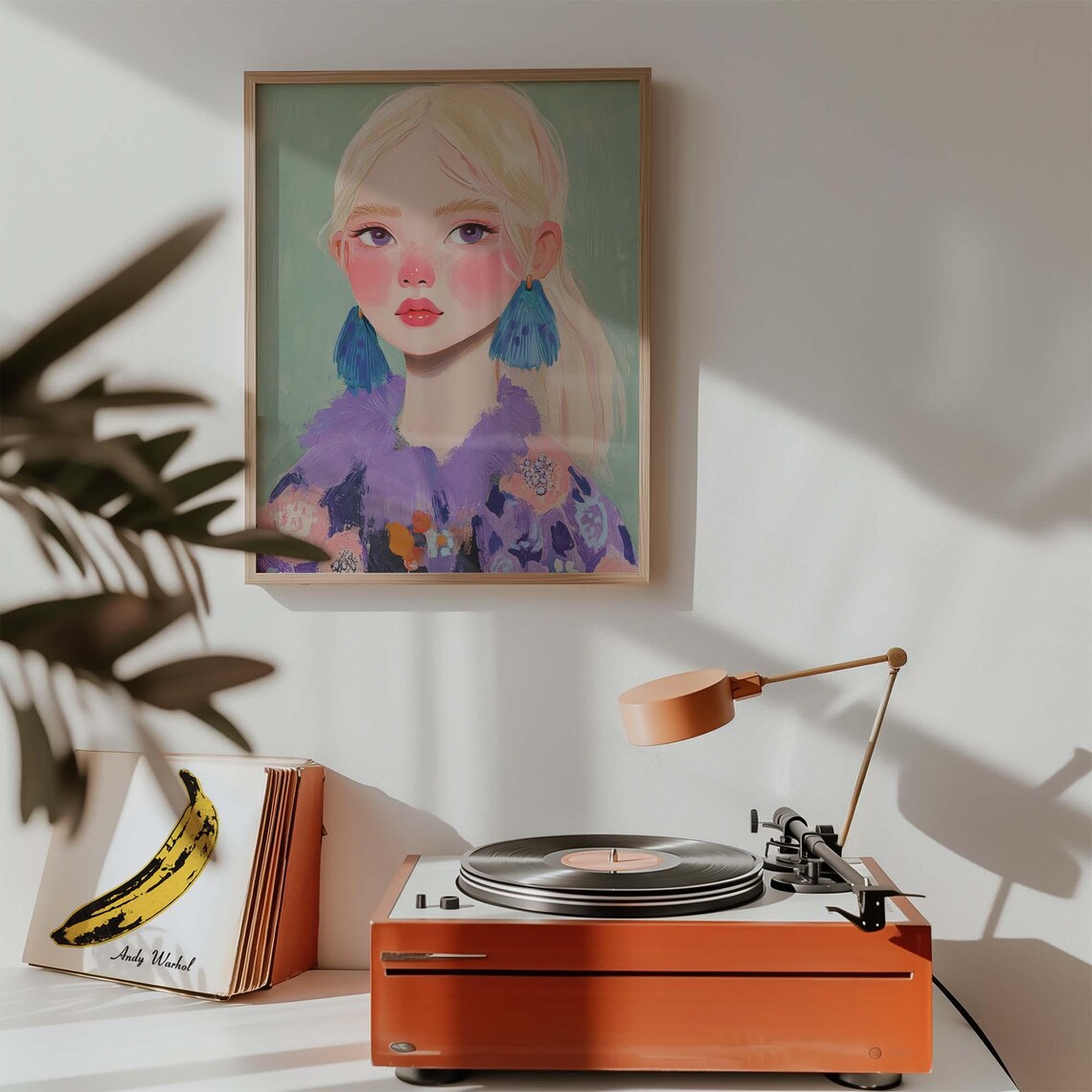 Maximalist Blonde Woman Portrait with Blue Tassel Earrings Print - Image 2