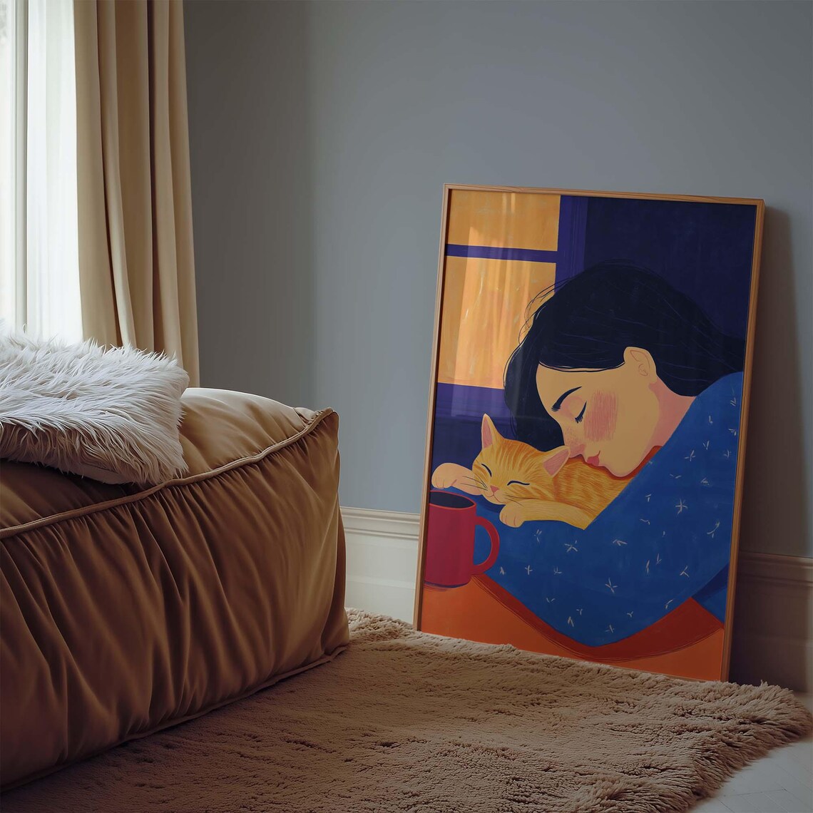 Sleeping Woman with Ginger Cat Cozy Nighttime Illustration Print - Image 2