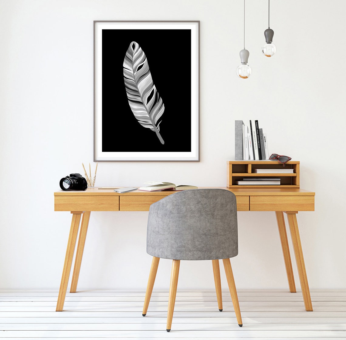 Grey Feather Black Background Minimalist Monochrome Poster Art - Image 3