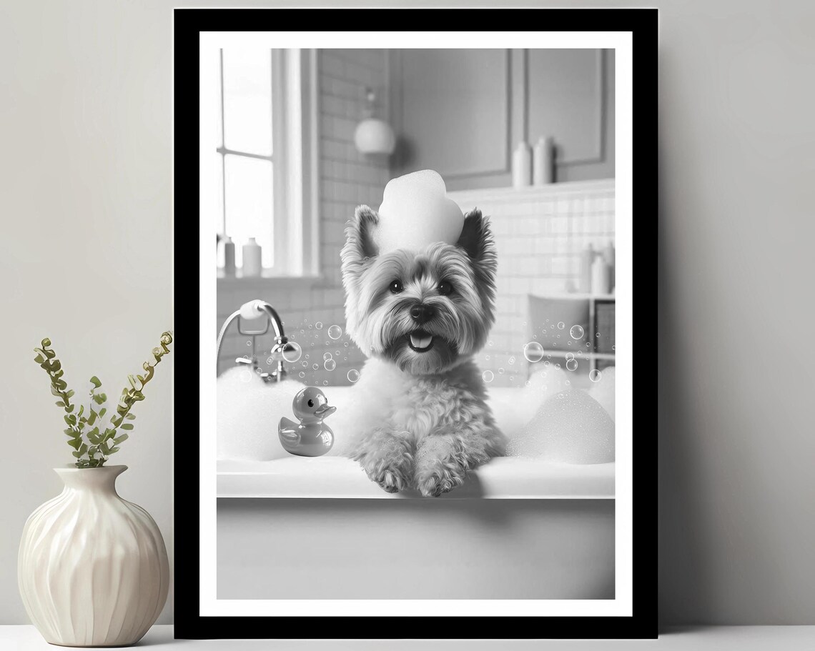 Cairn Terrier Wall Art Funny Bathroom Decor Pet Portrait Petshop Dog Gift In Bubble Bath