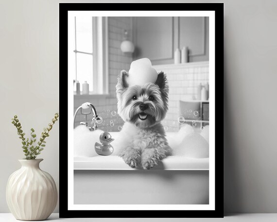 Cairn Terrier Wall Art Funny Bathroom Decor Pet Portrait Petshop Dog Gift In Bubble Bath