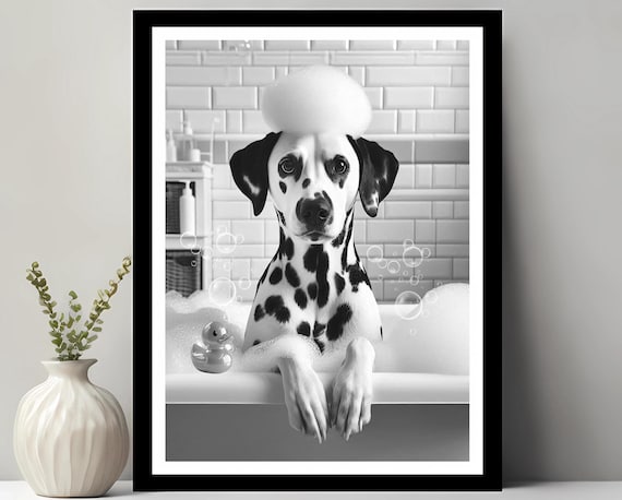 Dalmatian Wall Art Funny Bathroom Decor Pet Portrait Petshop Dog Gift In Bubble Bath