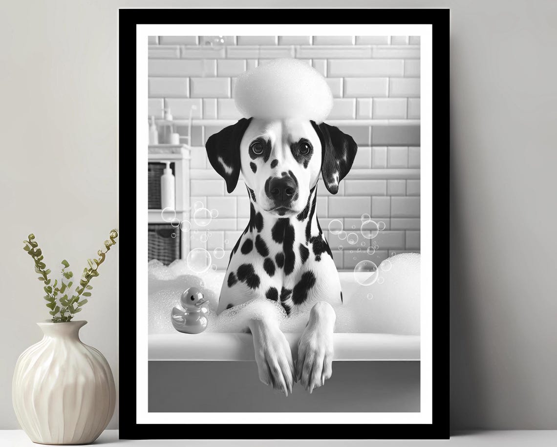 Dalmatian Dog Bubble Bath Foam Cap Rubber Duck Funny Bathroom Poster