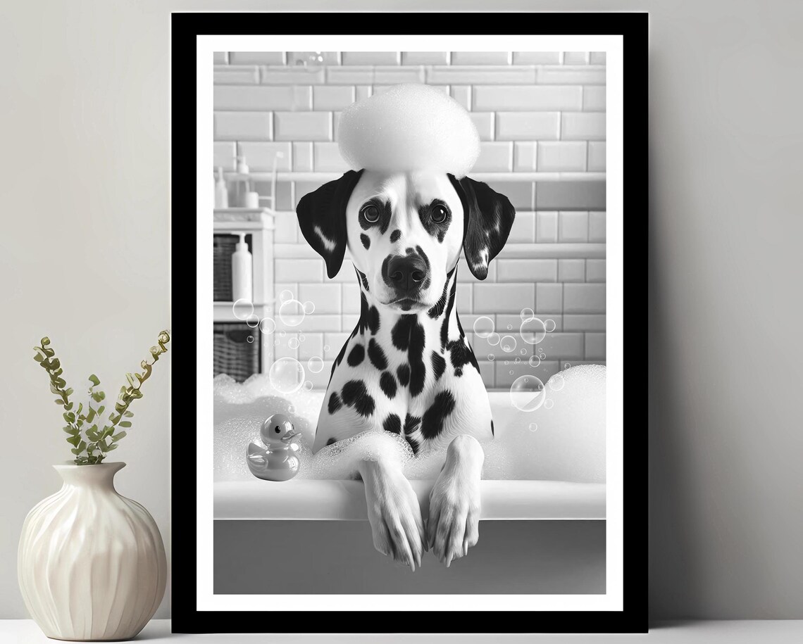 Dalmatian Wall Art Funny Bathroom Decor Pet Portrait Petshop Dog Gift In Bubble Bath