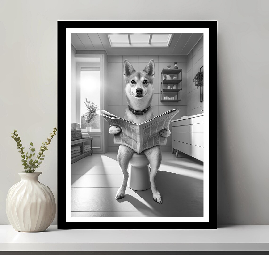 Shiba Inu Dog Reading Newspaper on Toilet Sunny Bathroom Poster
