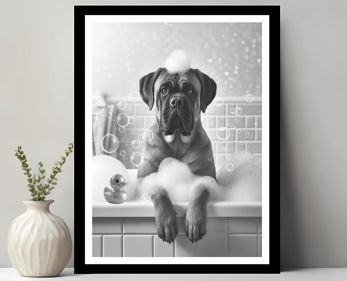 Bullmastiff Wall Art Funny Bathroom Decor Pet Portrait Petshop Dog Gift In Bubble Bath