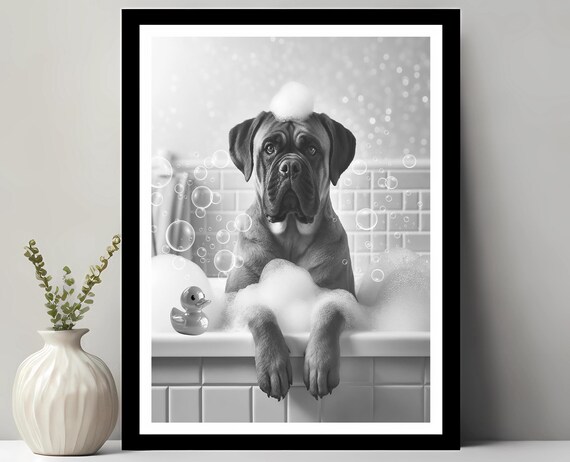 Bullmastiff Wall Art Funny Bathroom Decor Pet Portrait Petshop Dog Gift In Bubble Bath