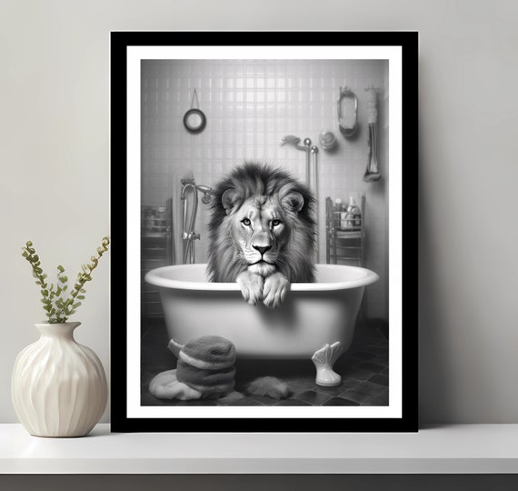 Cute Lion In Tub Bathroom Animal Wall Art Print