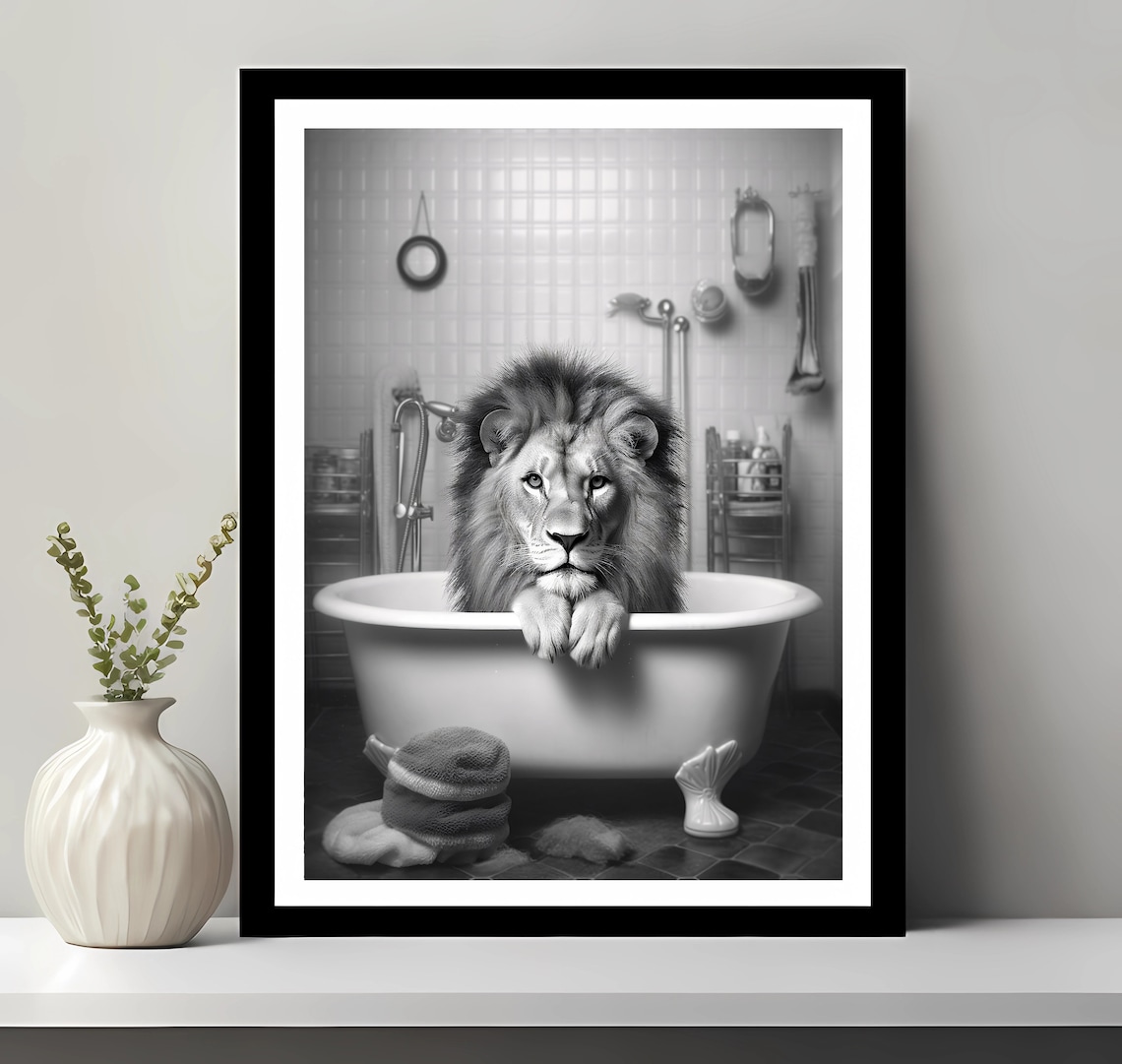 Cute Lion In Tub Bathroom Animal Wall Art Print