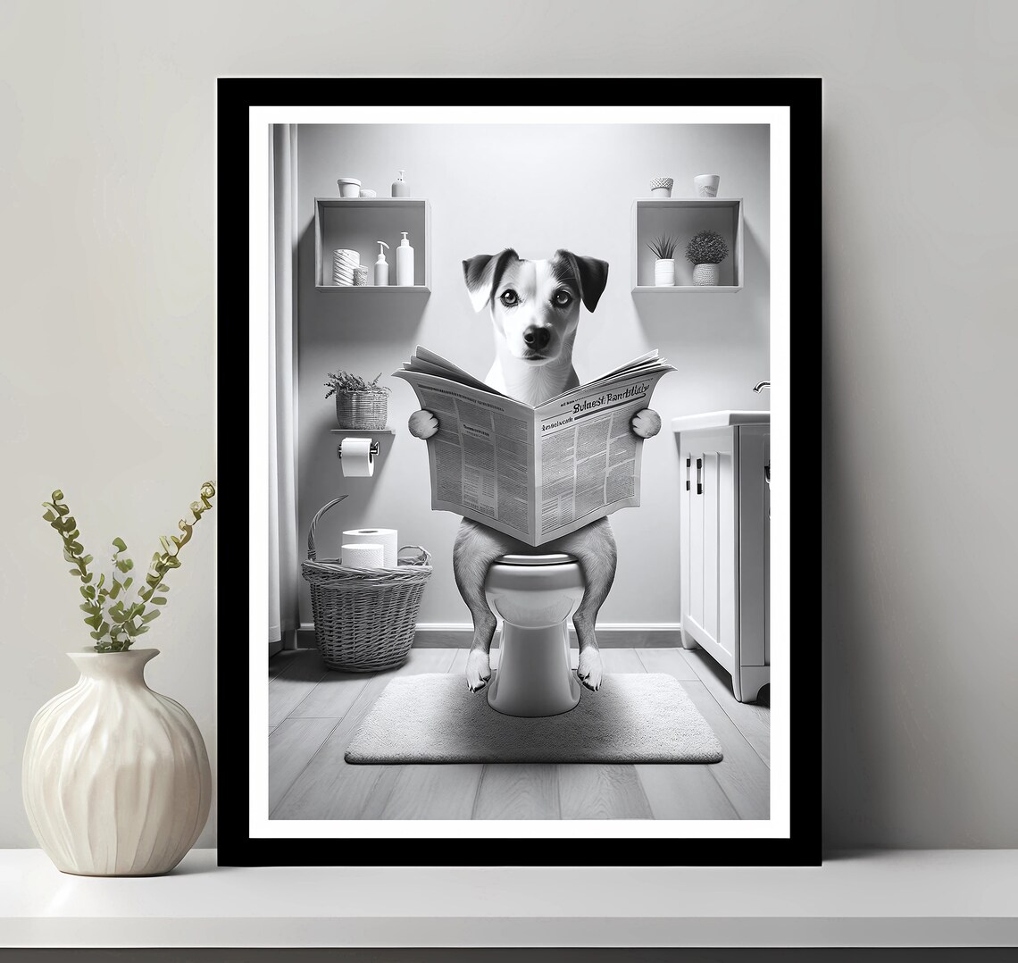 Danish Swedish Farmdog Reading Newspaper Toilet Funny Bathroom Poster