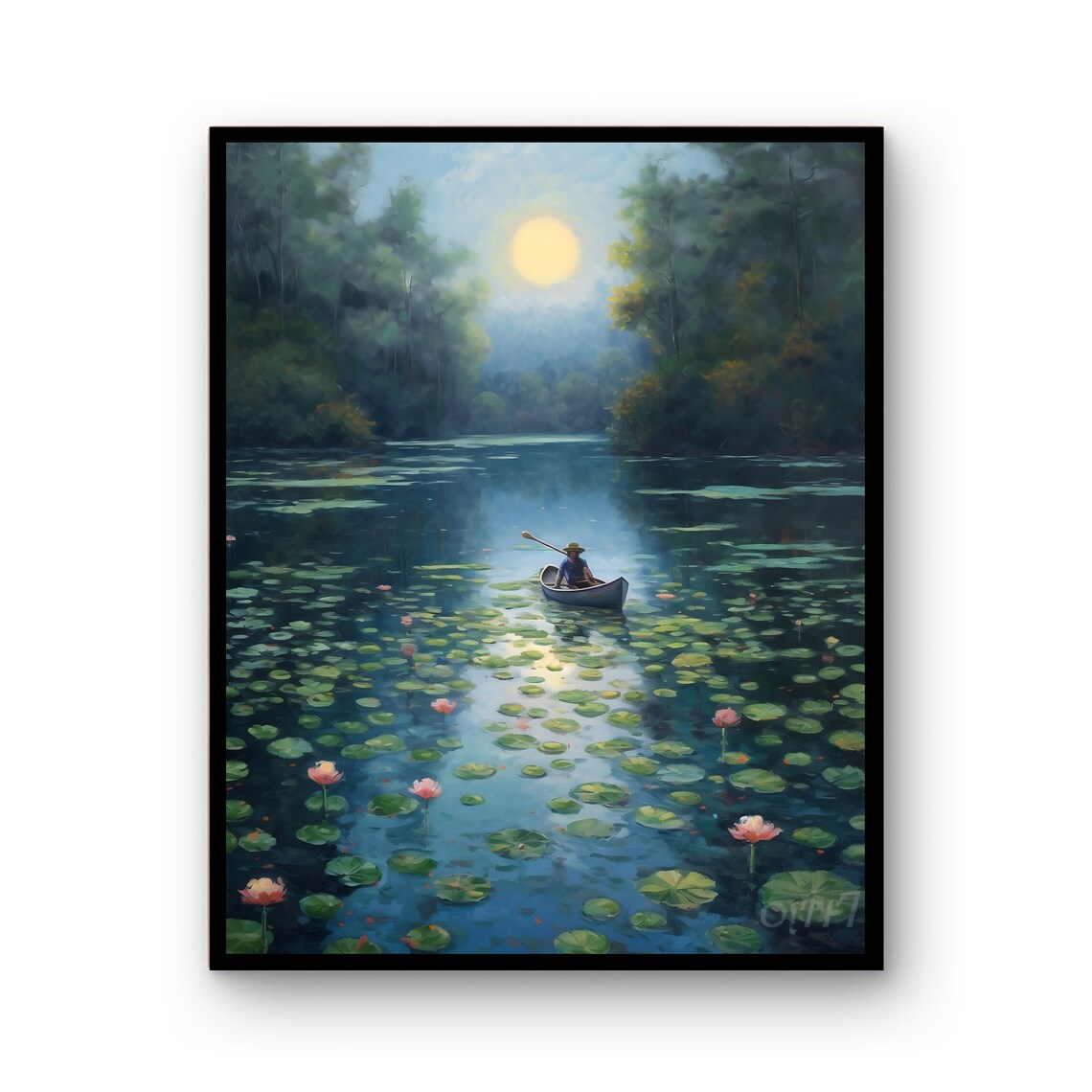 Moonlit Lake Lone Canoe Boatman Water Lilies Serene Night Poster