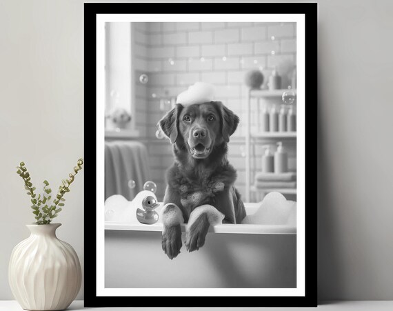 Chesapeake Bay Retriever Wall Art Funny Bathroom Decor Pet Portrait Dog Gift In Bubble Bath