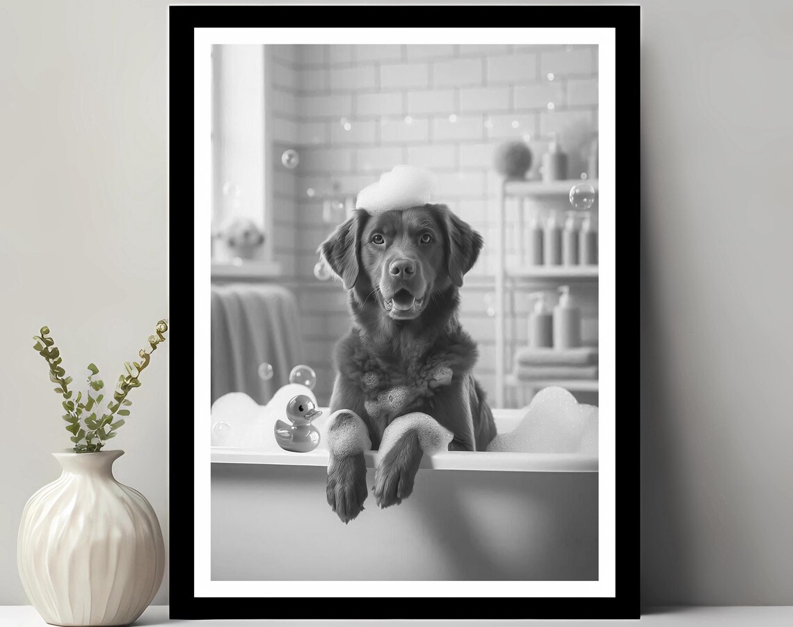 Chesapeake Bay Retriever Wall Art Funny Bathroom Decor Pet Portrait Dog Gift In Bubble Bath