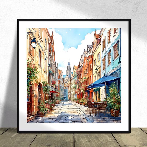 Oslo Street Art Print Retro Watercolor Cityscape Square