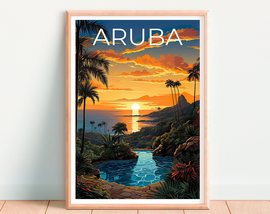 Aruba Caribbean Sunset Palm Trees Lagoon Tropical Shore Travel Poster - Image 4