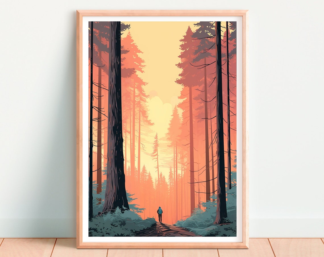 Redwood Forest Towering Trees Golden Light Hiker Trail Art Poster - Image 4