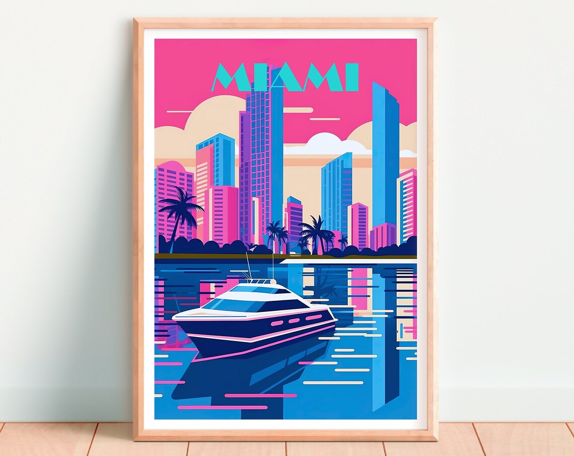 Miami Florida Neon Skyline Yacht Retro 80s Pink Sunset Travel Poster - Image 4