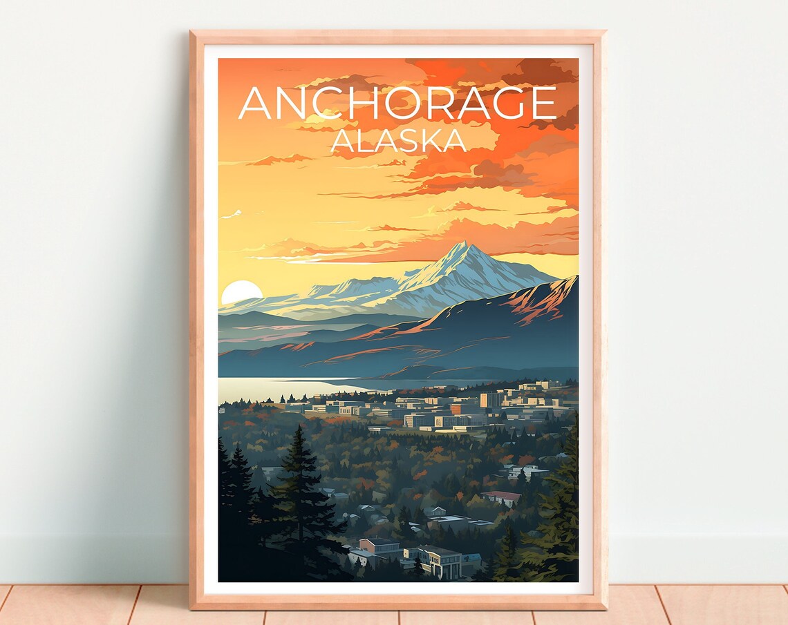 Anchorage Alaska City Sunset Snowy Mountains Valley View Travel Poster - Image 4