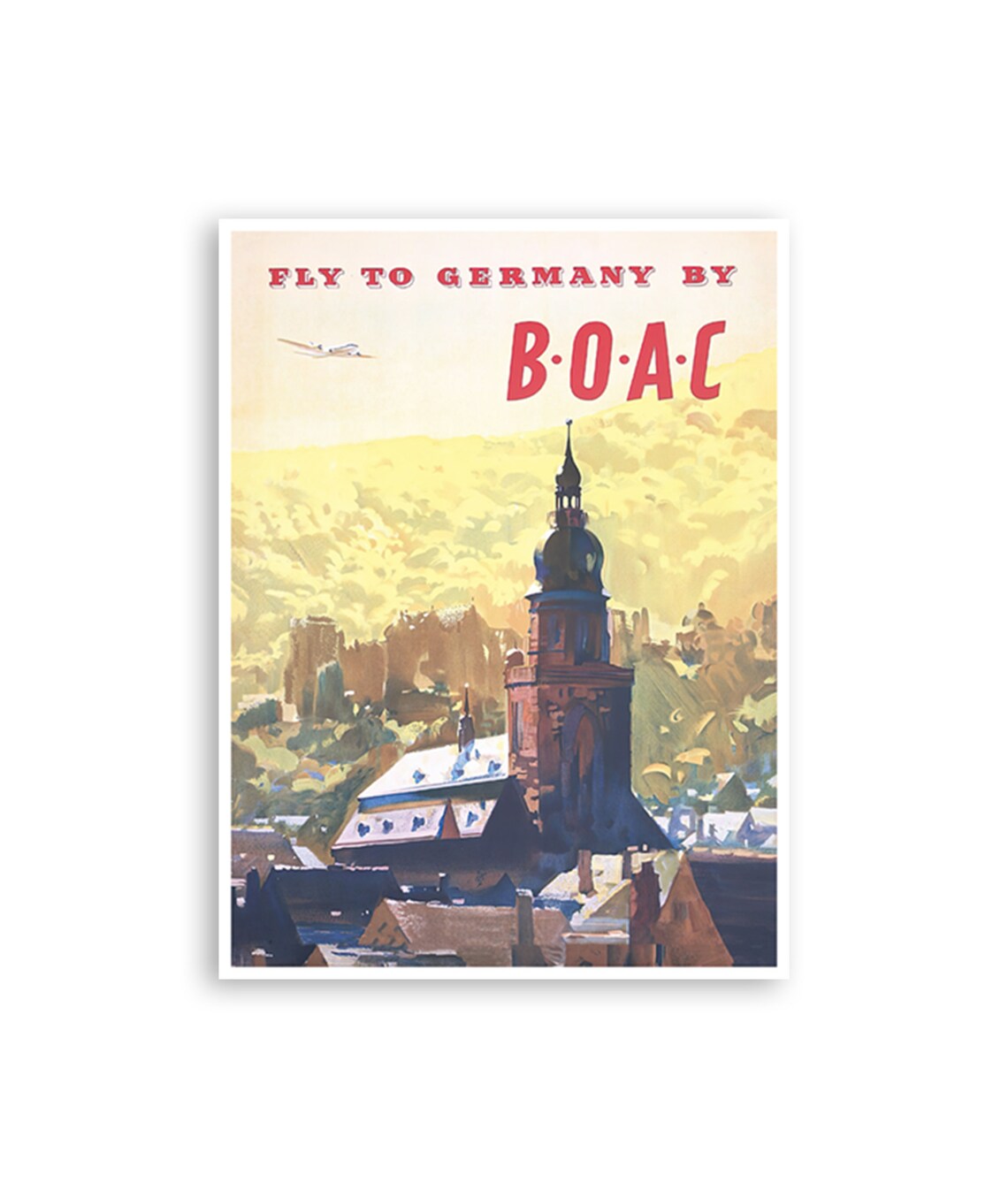 Fly to Germany by BOAC Old Town Church Castle Vintage Poster