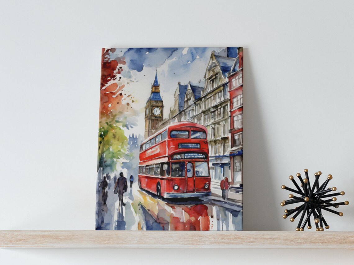 London Red Double Decker Bus Big Ben Rainy Street Watercolor Poster