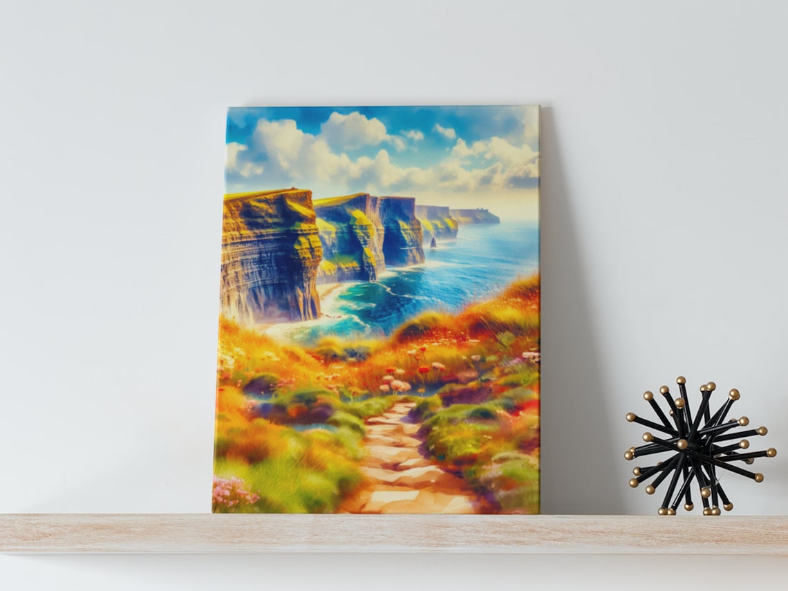 Cliffs Of Moher Ireland Sea Cliffs Golden Watercolor Landscape Poster