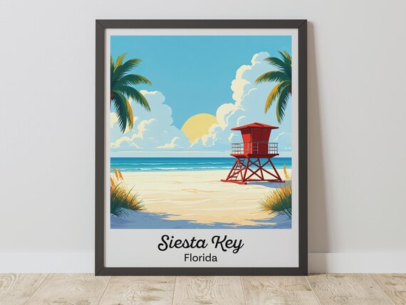 Siesta Key Florida Beach Lifeguard Tower Sunset Vintage Travel Poster