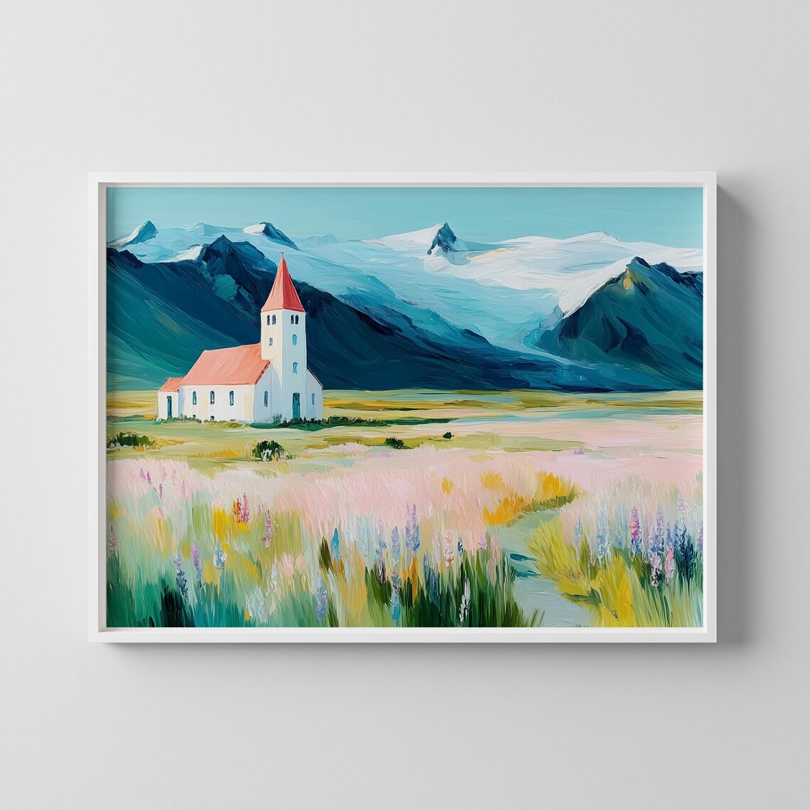 Iceland White Church Mountain Meadow Nordic Landscape Poster