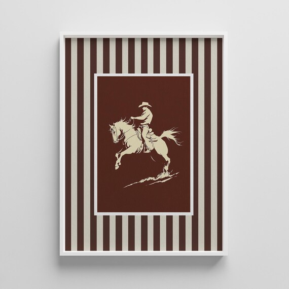 Bucking Cowboy Silhouette on Rust Brown Striped Western Art Poster