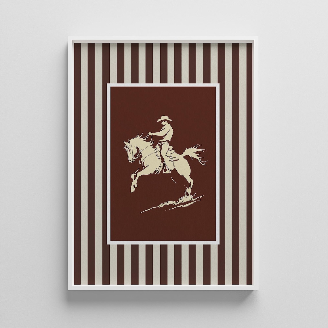 Bucking Cowboy Silhouette on Rust Brown Striped Western Art Poster