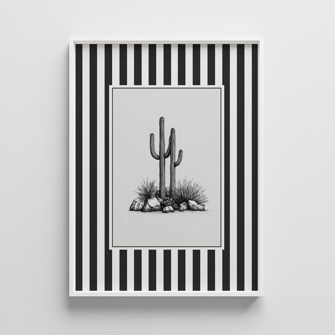 Vintage Saguaro Cactus Engraving on Black Striped Desert Poster