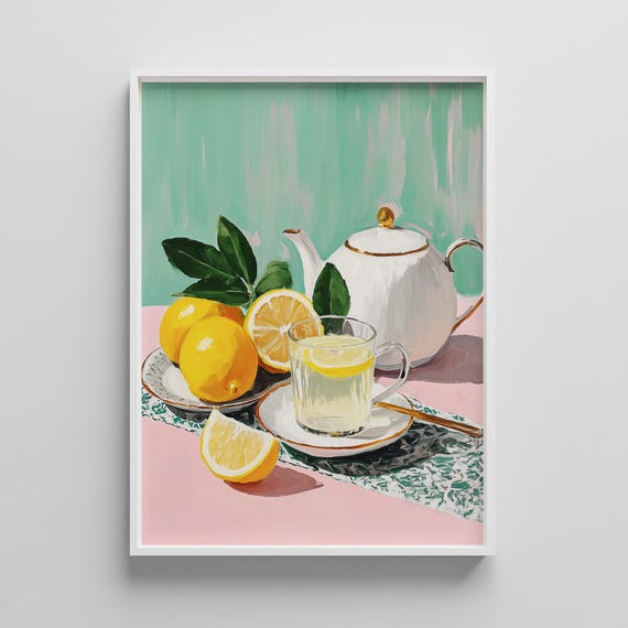 Lemon Tea Still Life Print Kitchen Wall Art Cozy Pastel Decor