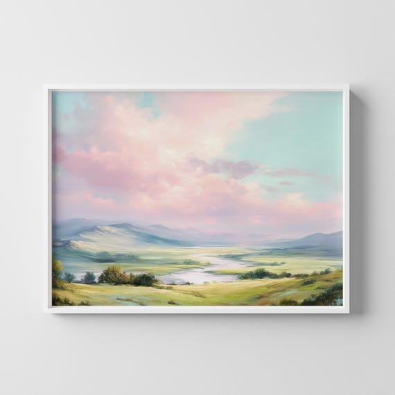 Landscape Poster Pastel Countryside Wall Art Dreamy Valley Illustration Serene Nature Decor