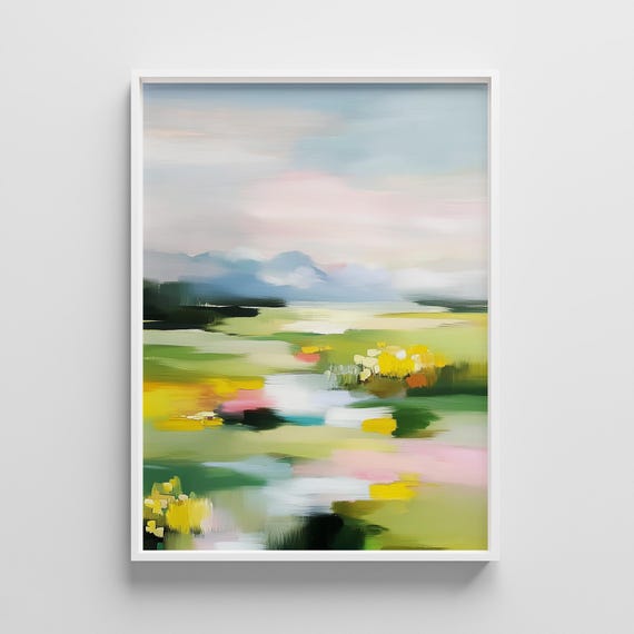 Pastel Meadow Landscape Art Print Impressionist Sky Soft Colors
