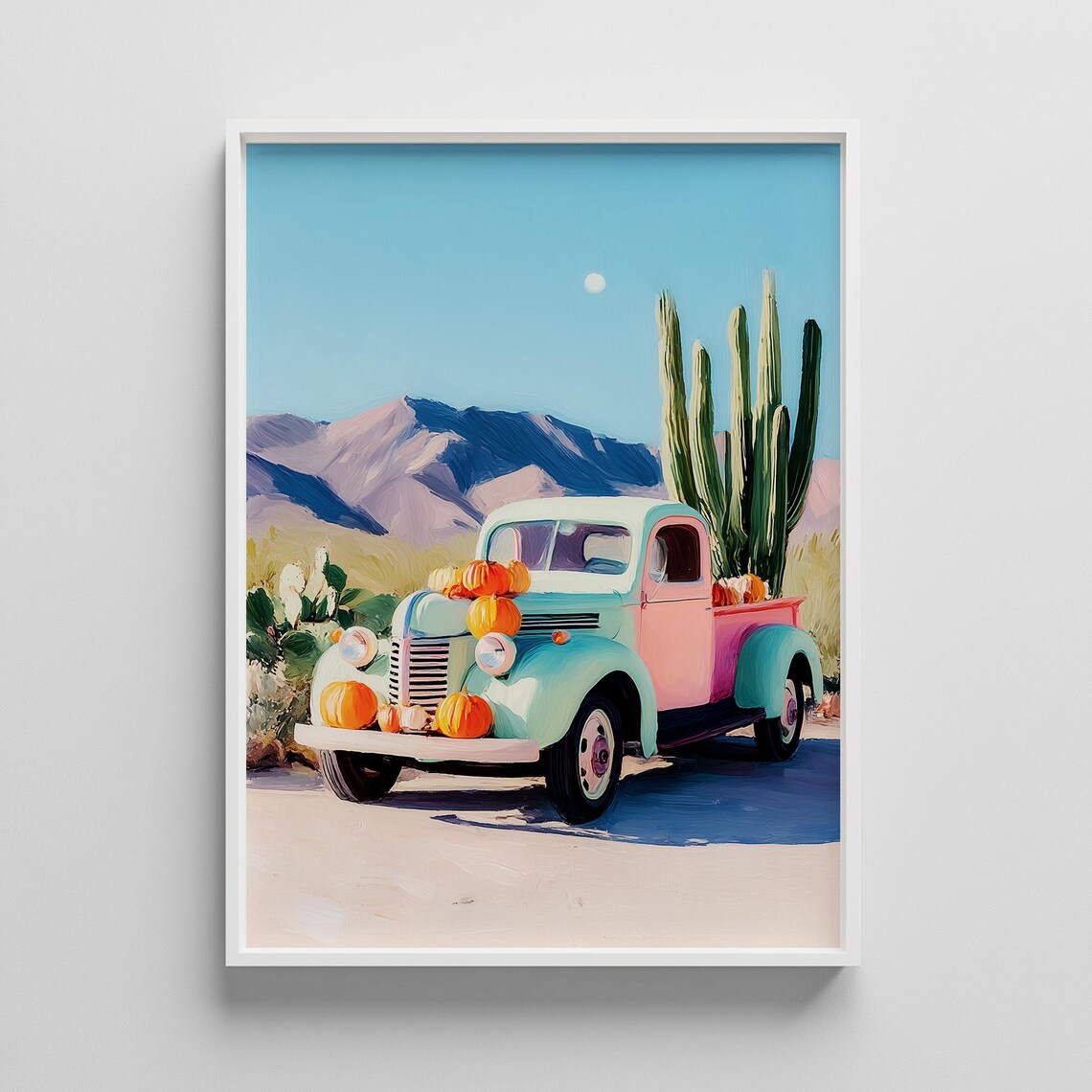Vintage Pickup Truck Full of Pumpkins Desert Fall Art Poster