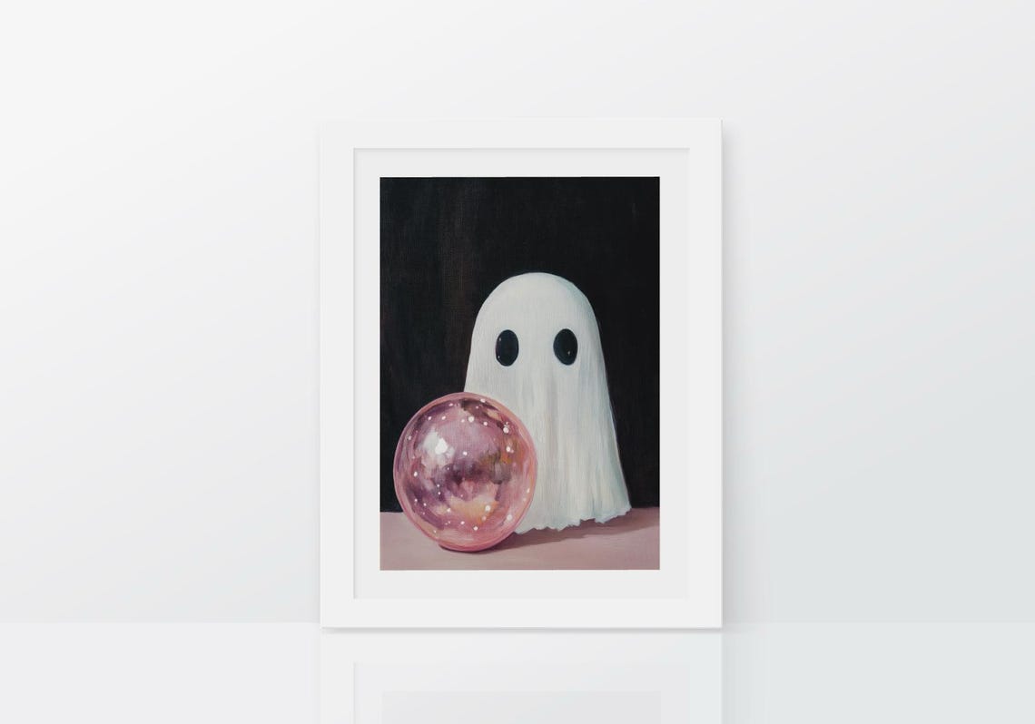 Cute Ghost Behind A Glowing Pink Crystal Ball On Black Poster - Image 2