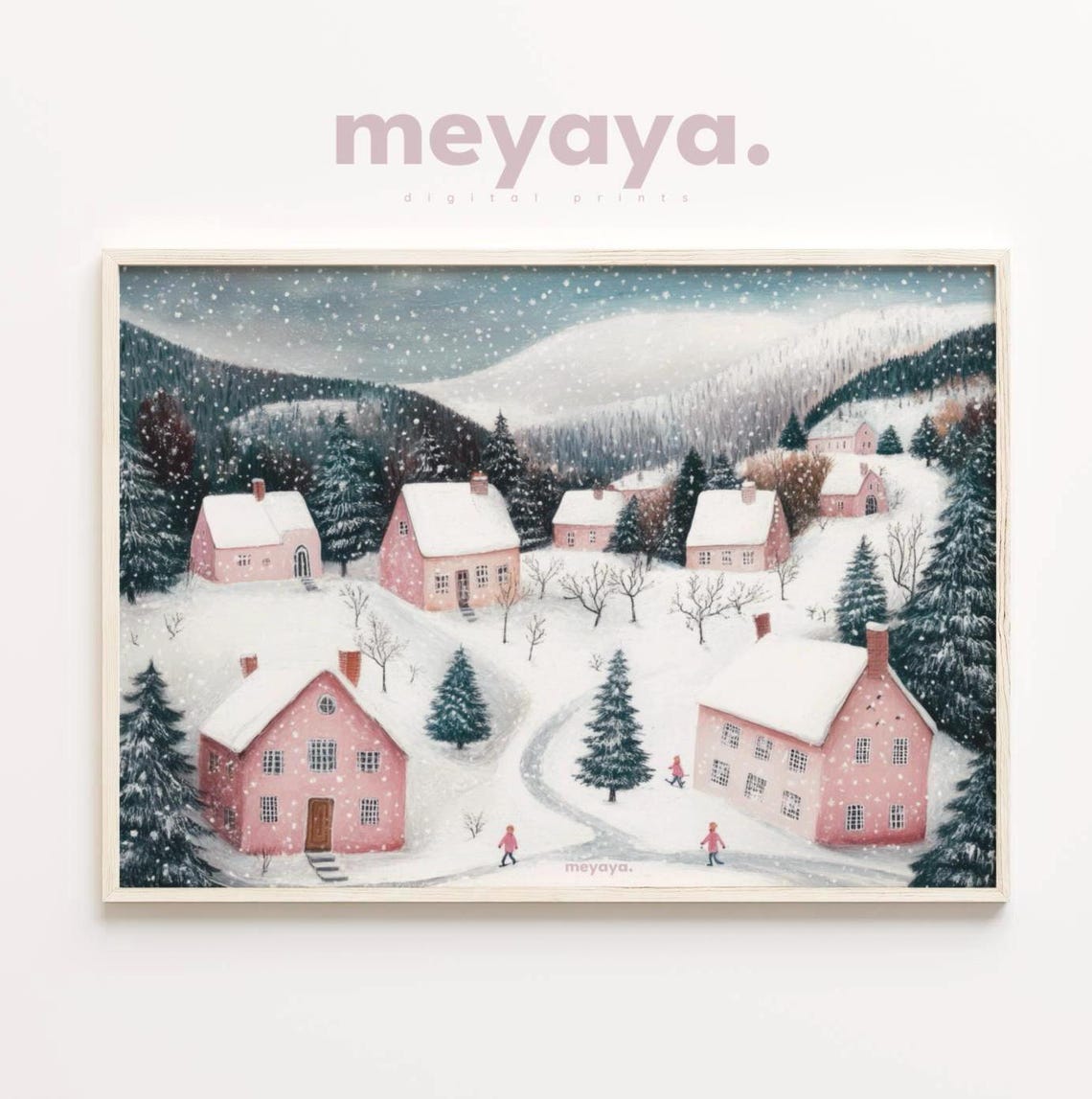 Pink Christmas Village Painting Pastel Village Print Vintage Christmas Town Pink Winter Wall Art Holiday Poster Trendy Christmas Decor - Image 4