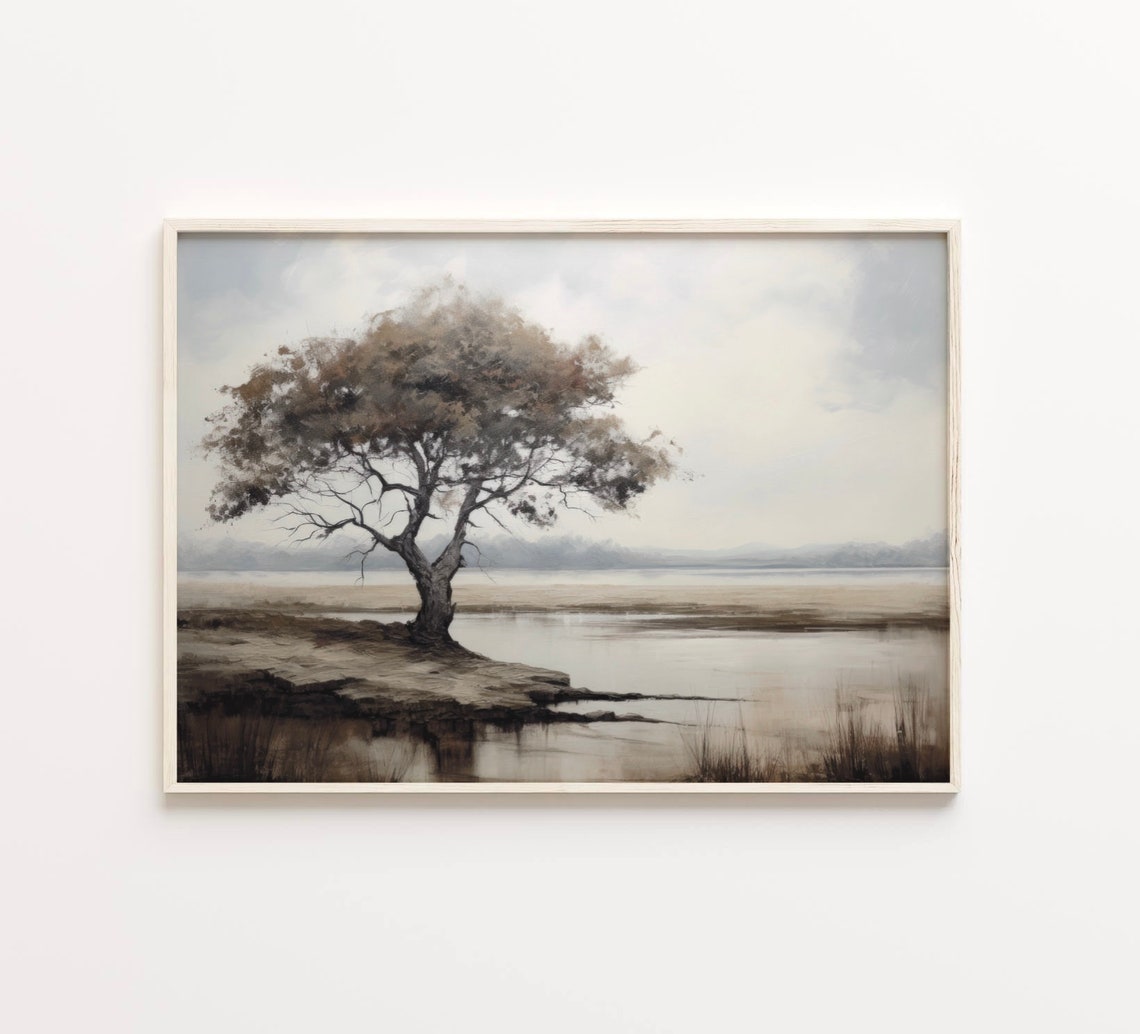 Lone Tree On A Rocky Shore By A Calm Lake Muted Landscape Poster - Image 5