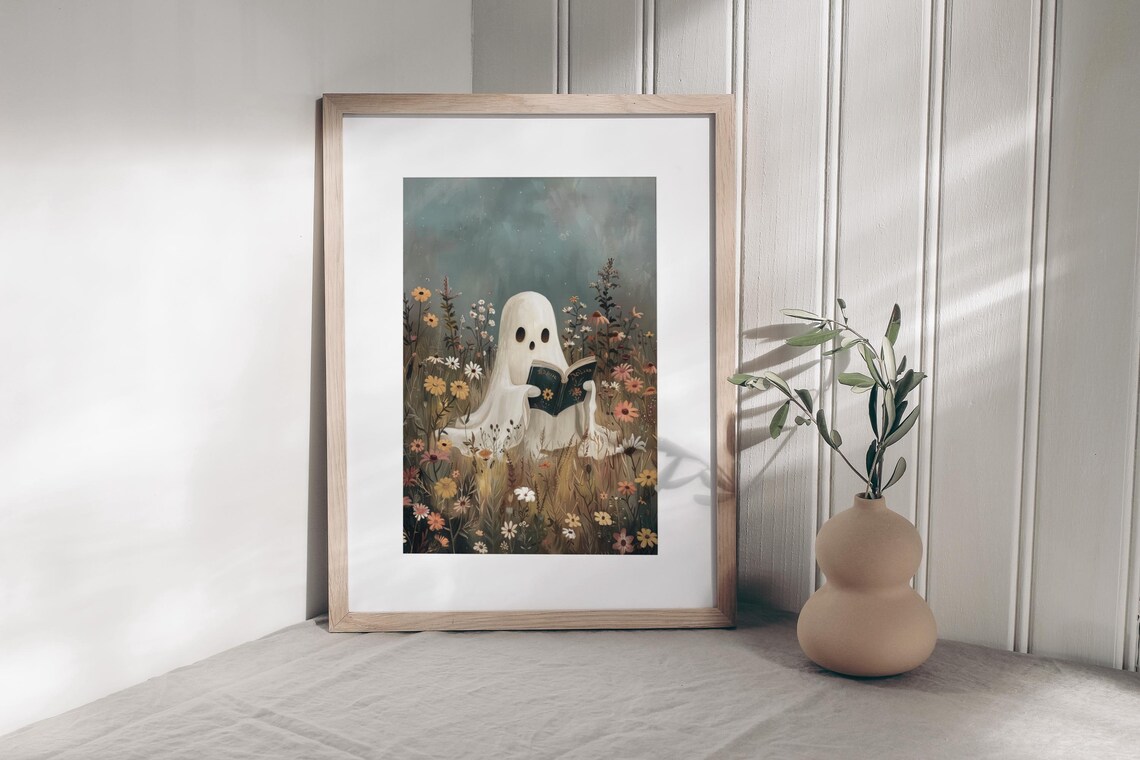 Cute Ghost Reading in Flower Field Halloween Print - Image 2