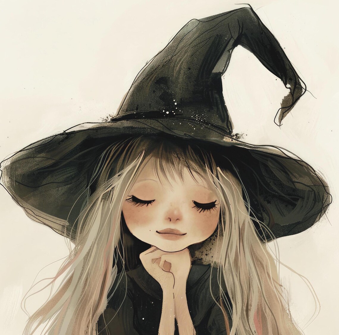 Cute Little Witch Girl With Big Black Hat Watercolor Portrait Poster - Image 4