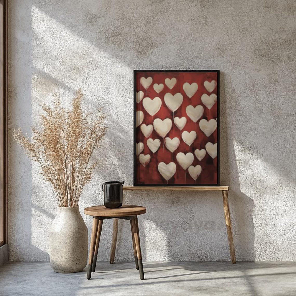 White Hearts Red Background Vintage Romantic Love Pattern Wall Print - Image 4