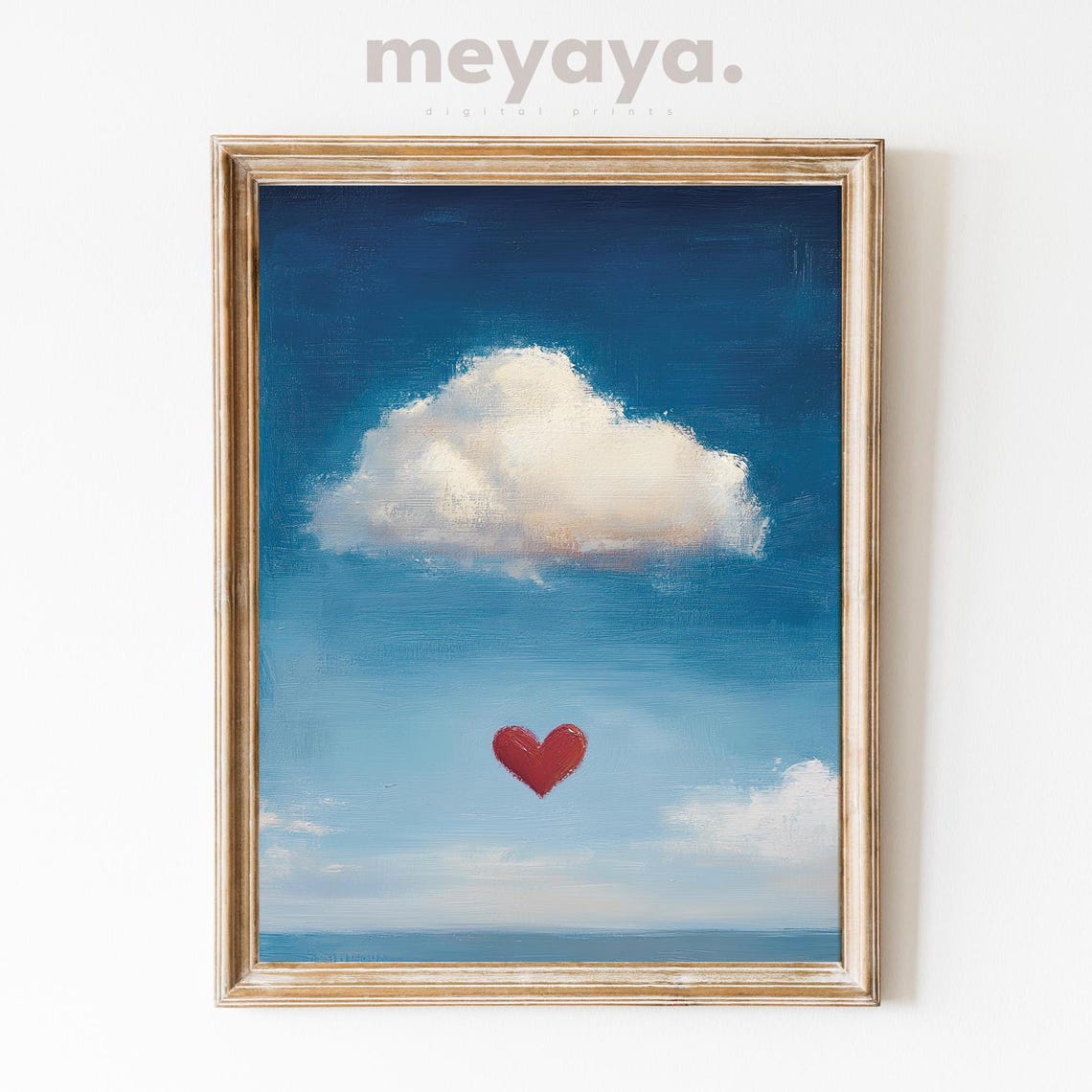 Red Heart Floating Blue Sky Cloud Surreal Romantic Wall Print